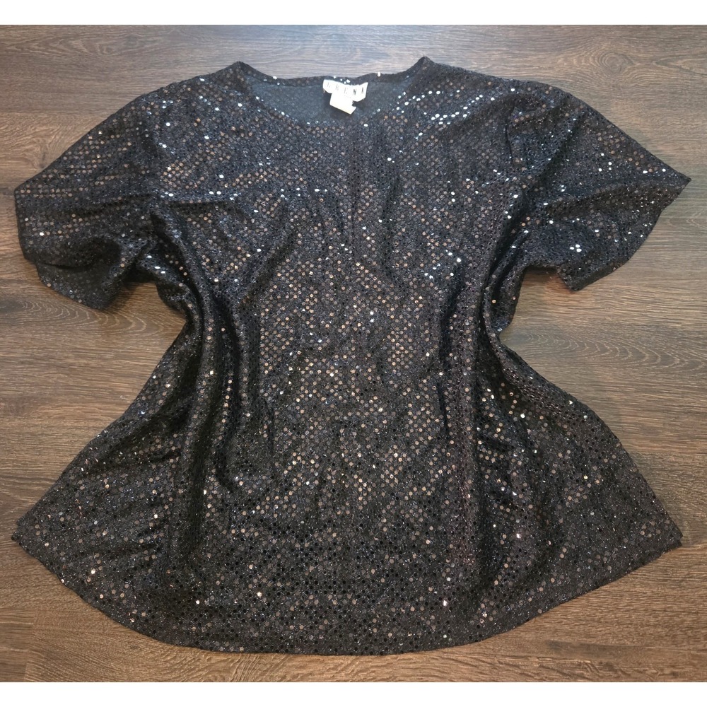 Vintage Erena Woman Black Sequin Blouse 1X Plus  Sparkle Semi Sheer Top